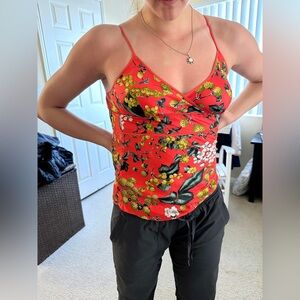 Vintage Y2K J.Crew Silk Olive Floral V-Neck Cami - Red Multi - 0